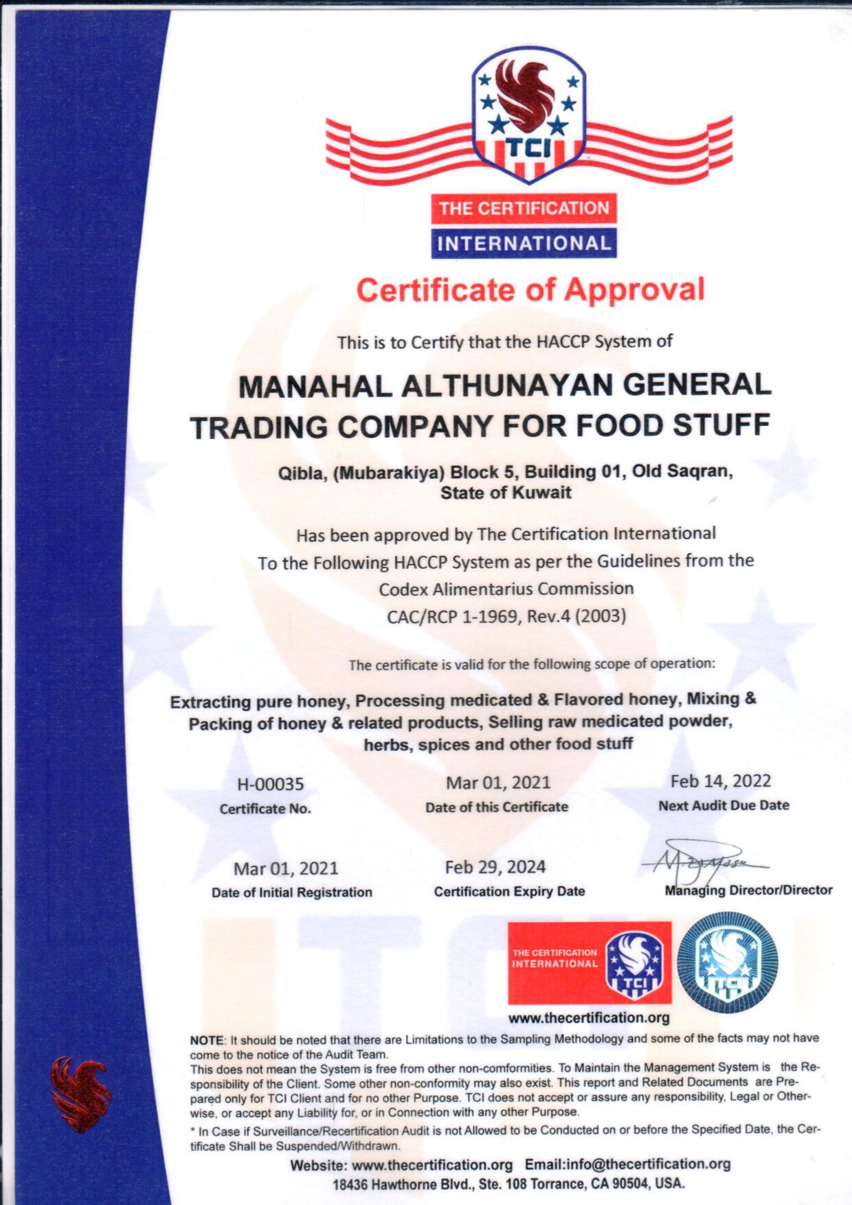 The International Certificate (TCI) accredited by the Codex Alimentarius Commission